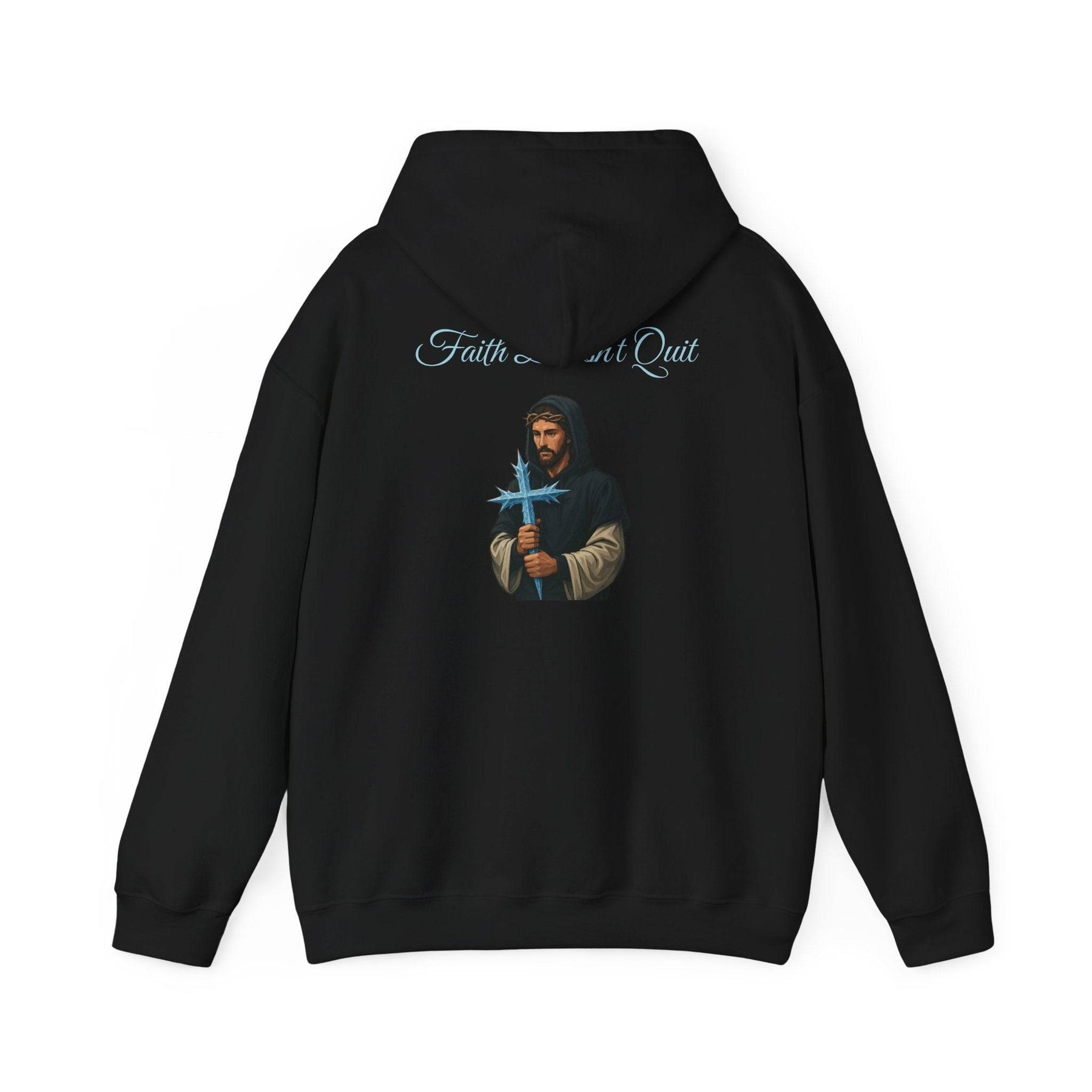 Back view of Icy Cross Hoodie showing a graphic of Jesus holding an icy cross with 'Faith Don’t Quit' text, perfect for Christian apparel fans.