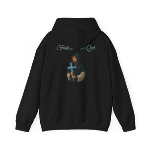 Back view of Icy Cross Hoodie showing a graphic of Jesus holding an icy cross with 'Faith Don’t Quit' text, perfect for Christian apparel fans.